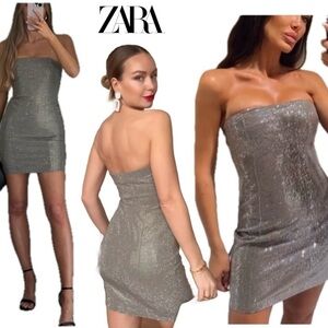 Zara taupe crystal rhinestone embellished diamanté hotfix strapless mini dress